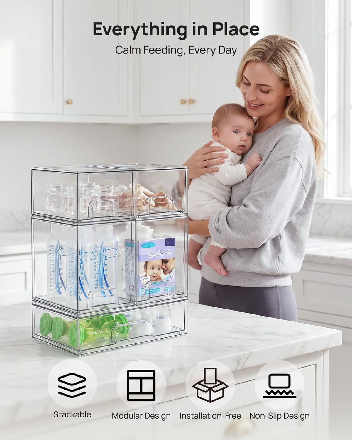 Clear Stackable Storage Drawers Set of 5, Plastic Organizer Bins