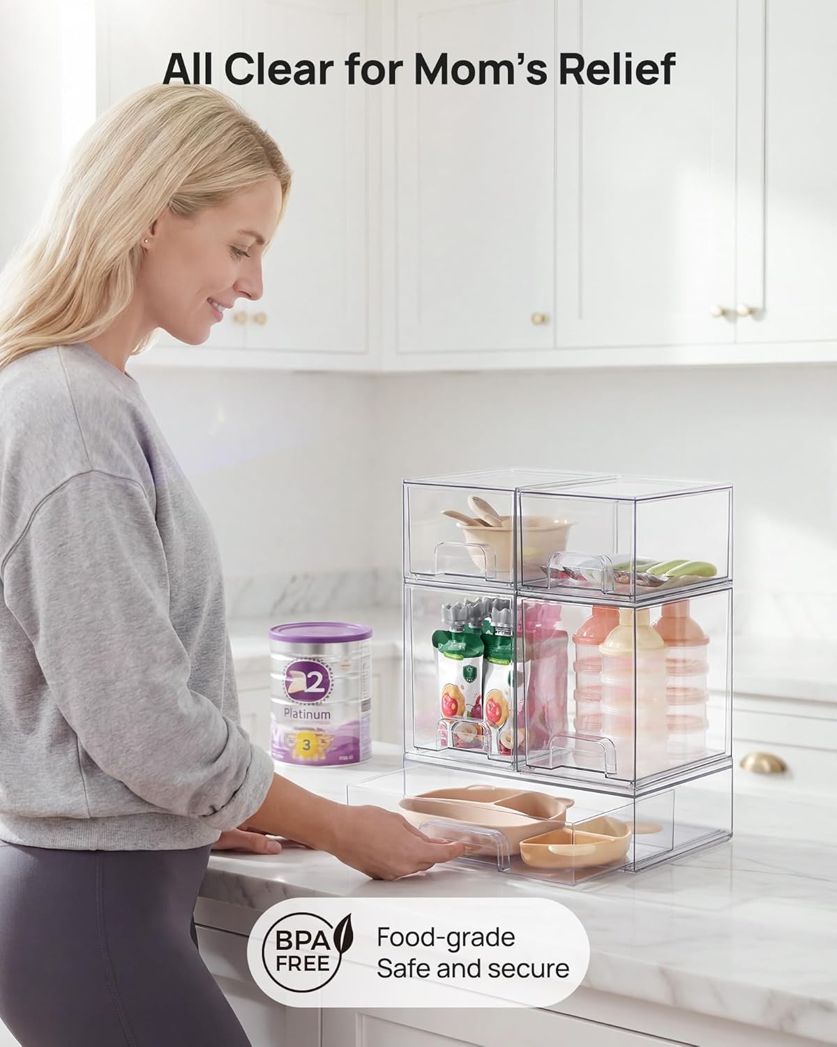 Clear Stackable Storage Drawers Set of 5, Plastic Organizer Bins