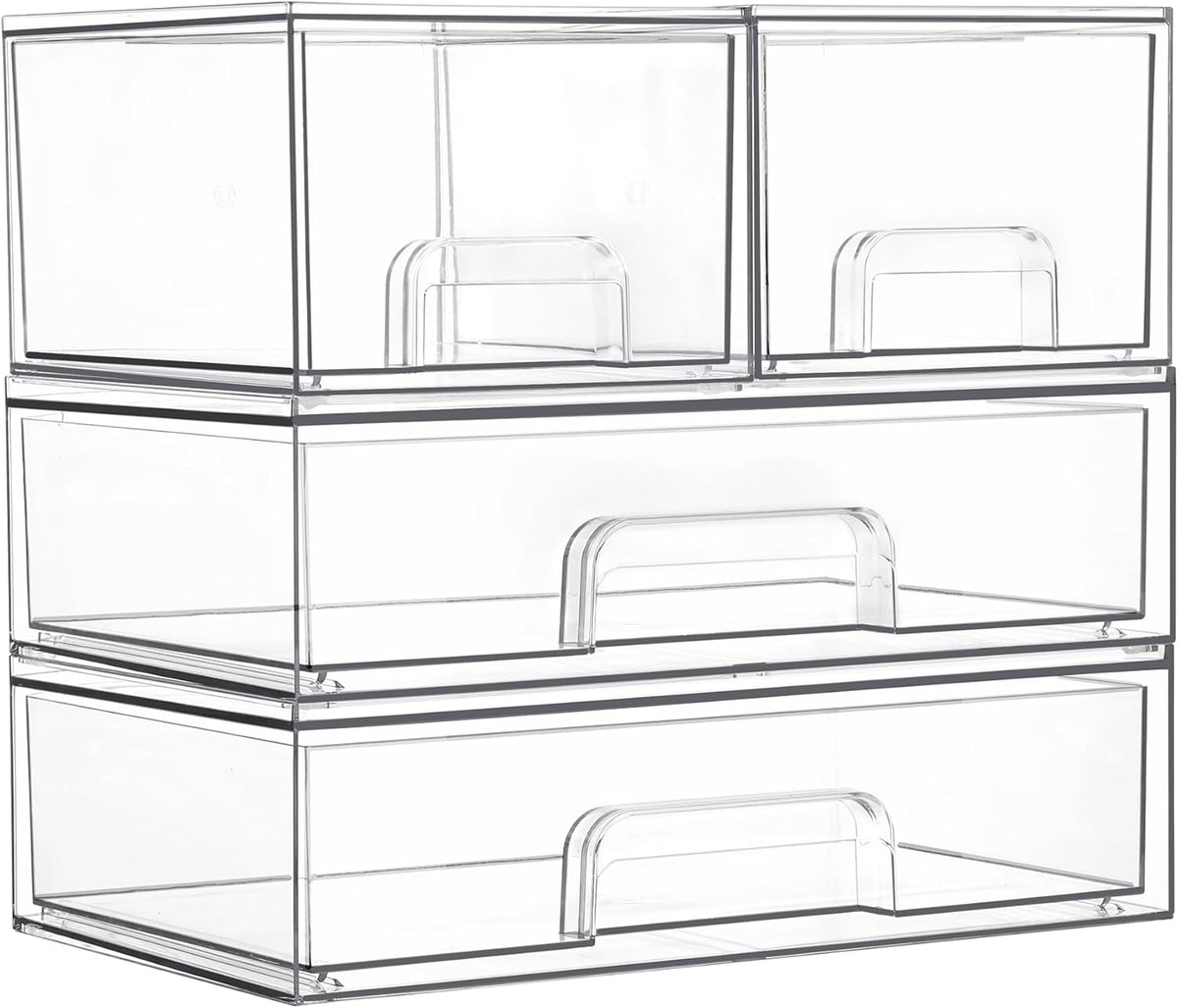 Clear Stackable Storage Drawers Set of 5, Plastic Organizer Bins
