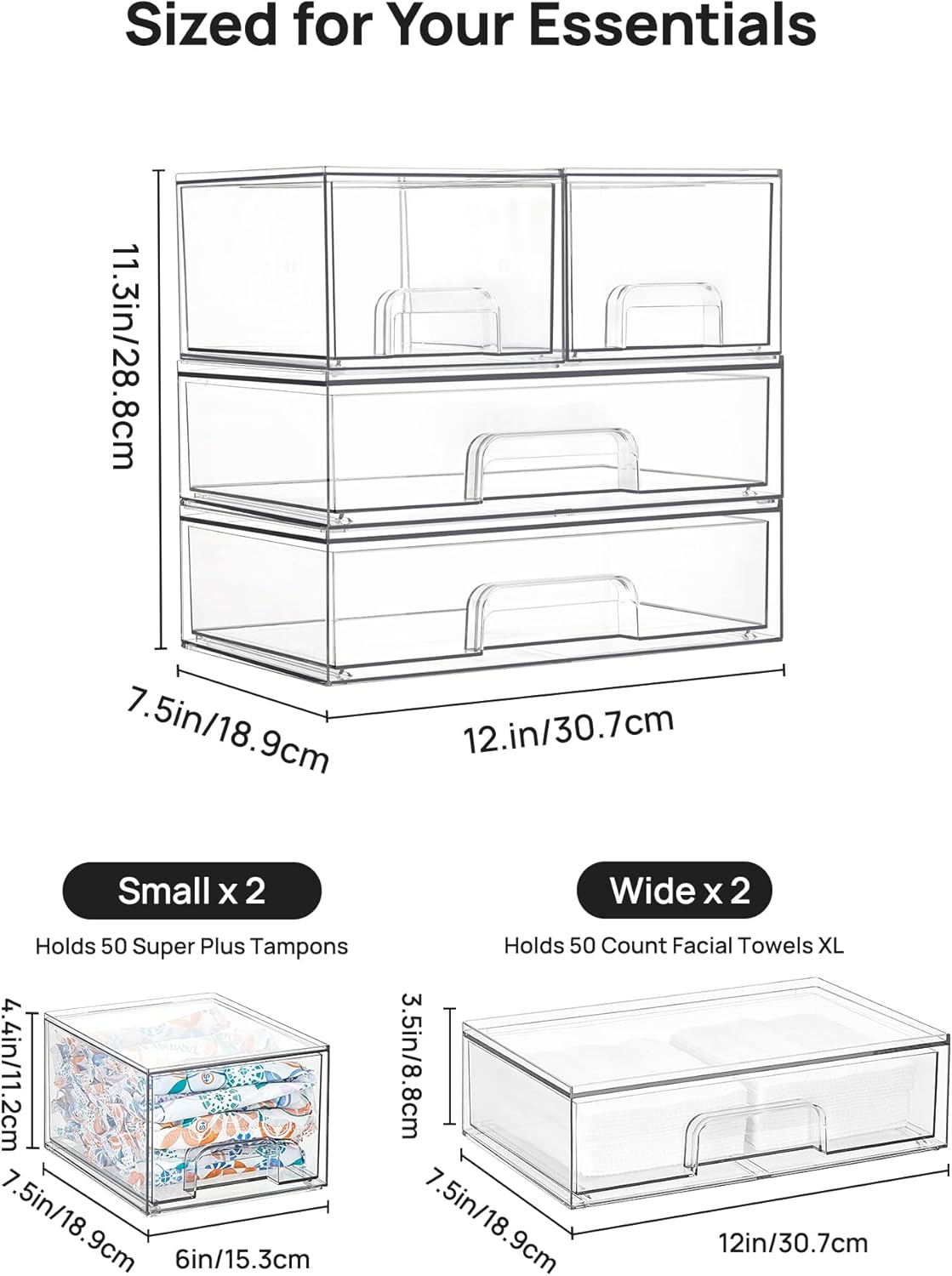 Clear Stackable Storage Drawers Set of 5, Plastic Organizer Bins