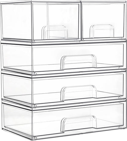 Clear Stackable Storage Drawers Set of 5, Plastic Organizer Bins