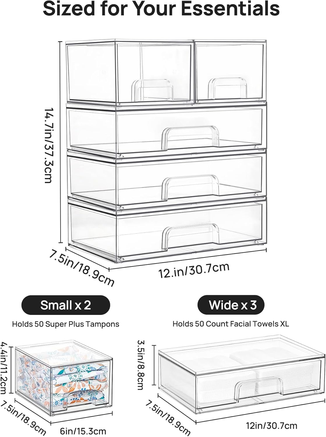 Clear Stackable Storage Drawers Set of 5, Plastic Organizer Bins