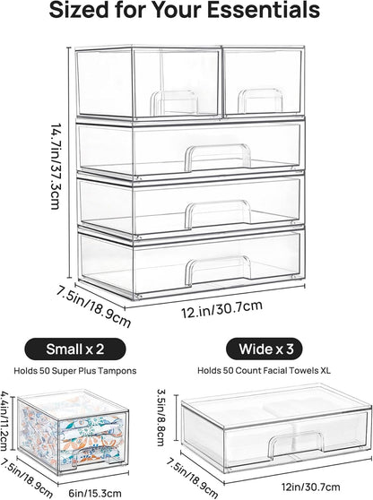 Clear Stackable Storage Drawers Set of 5, Plastic Organizer Bins