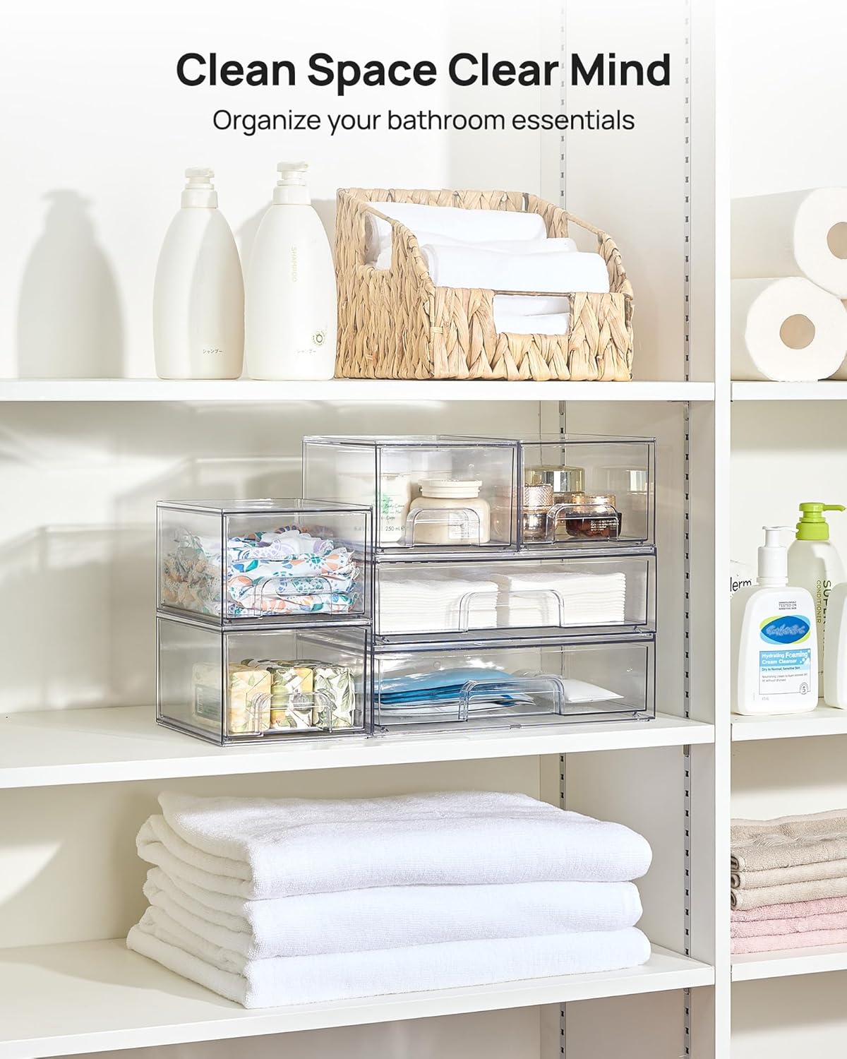 Clear Stackable Storage Drawers Set of 5, Plastic Organizer Bins