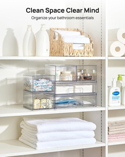 Clear Stackable Storage Drawers Set of 5, Plastic Organizer Bins
