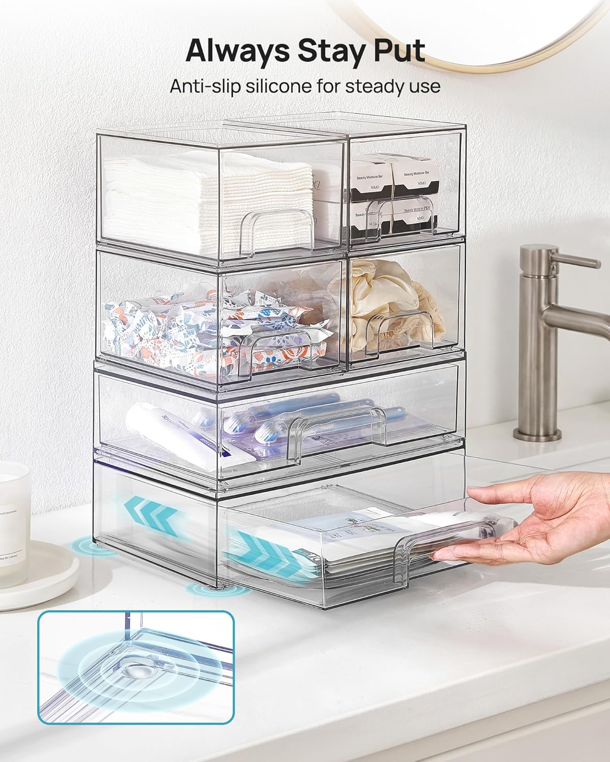 Clear Stackable Storage Drawers Set of 5, Plastic Organizer Bins