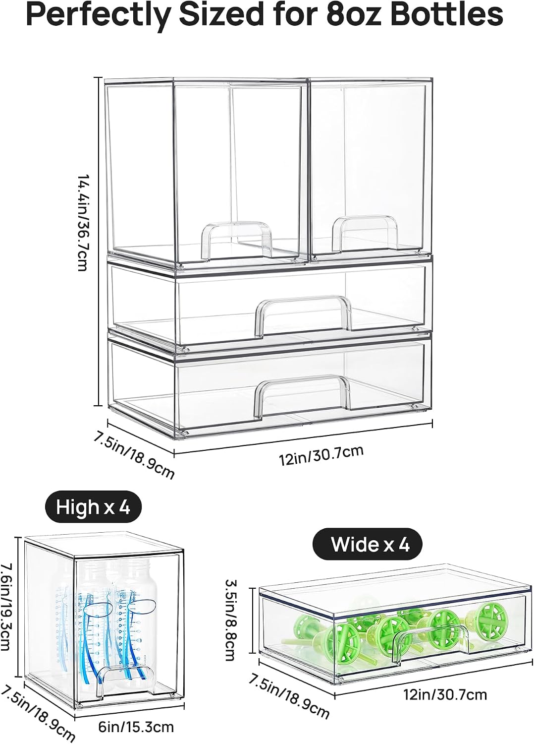 Clear Stackable Storage Drawers Set of 5, Plastic Organizer Bins