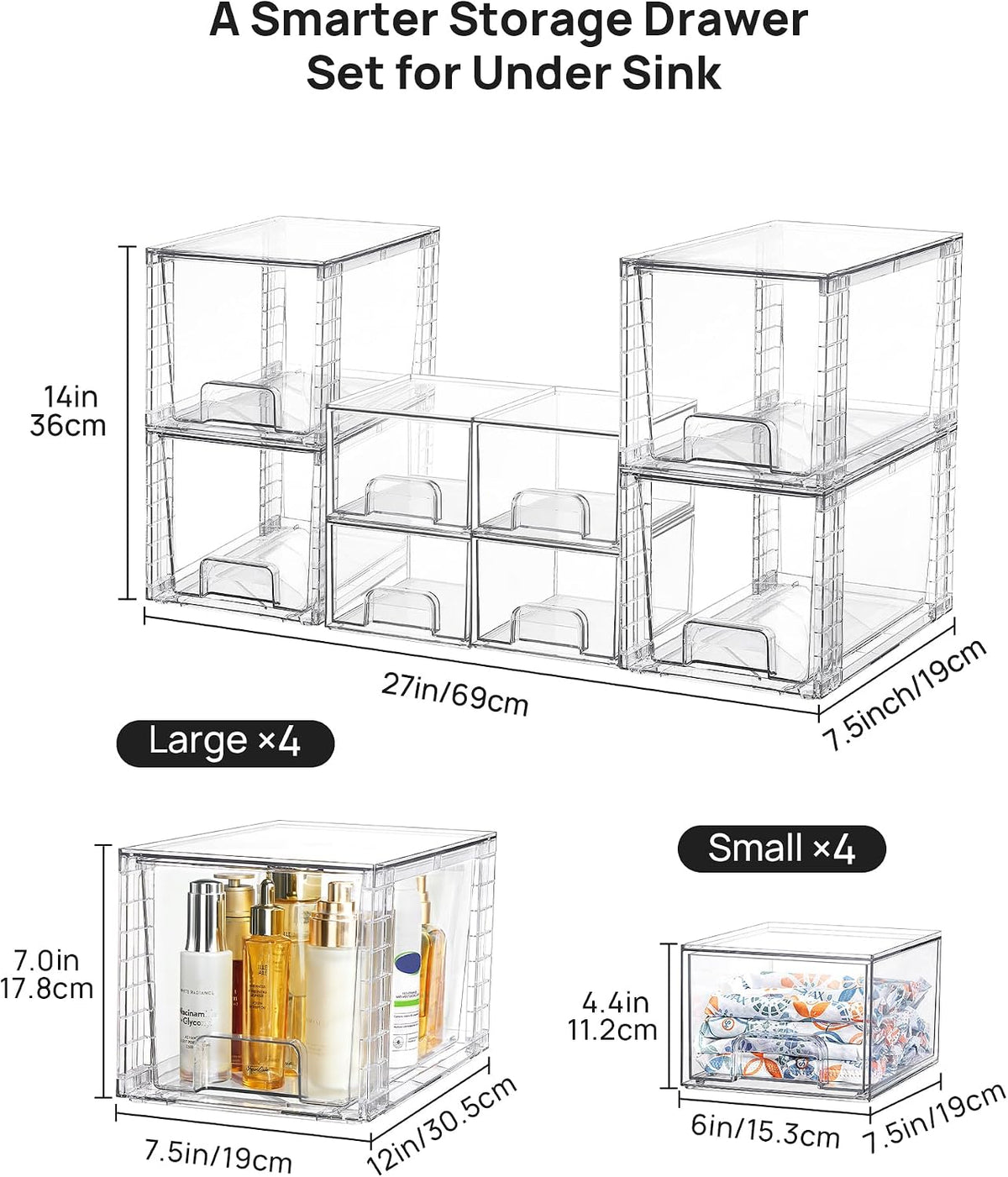 Clear Stackable Storage Drawers Set of 5, Plastic Organizer Bins