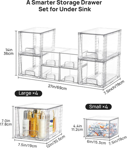 Clear Stackable Storage Drawers Set of 5, Plastic Organizer Bins