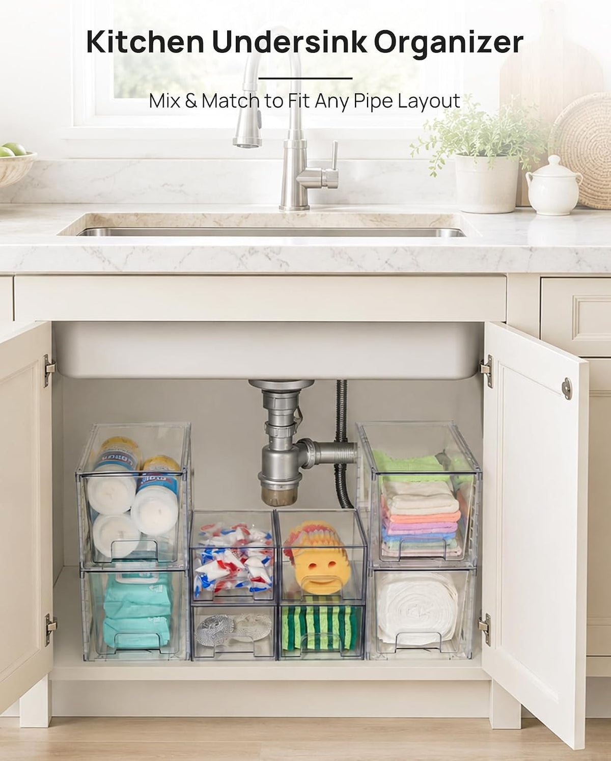 Clear Stackable Storage Drawers Set of 5, Plastic Organizer Bins