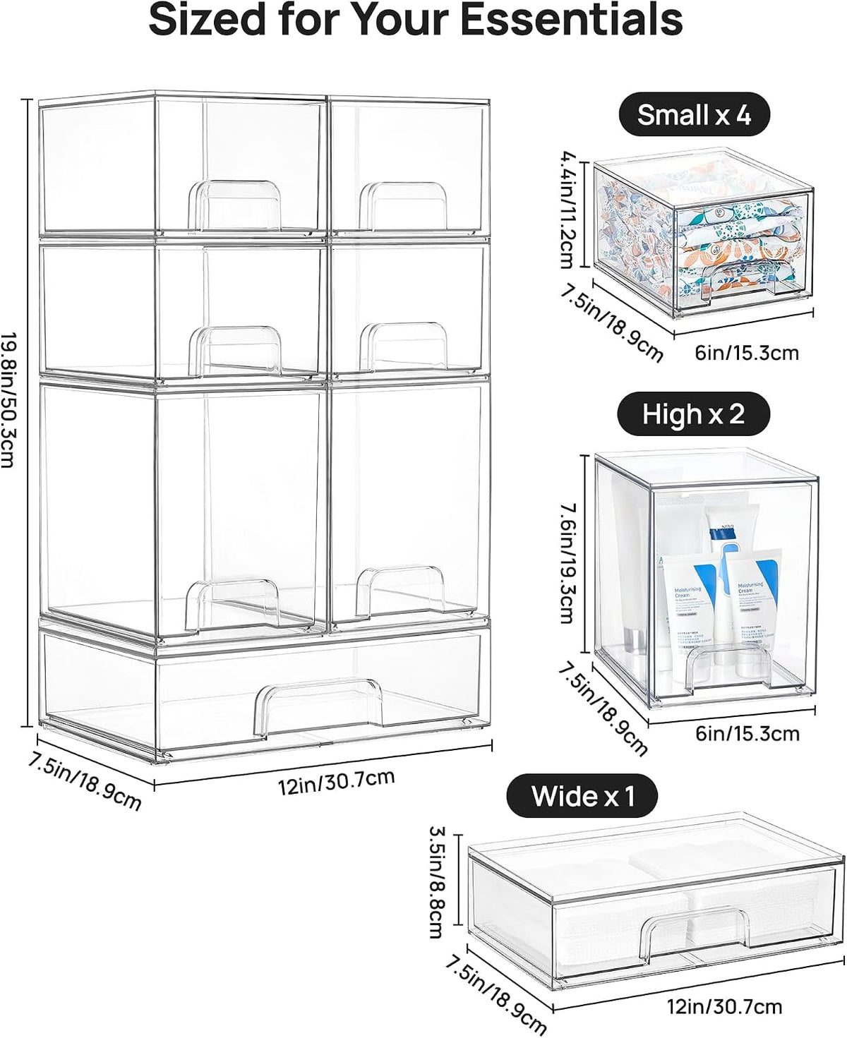 Clear Stackable Storage Drawers Set of 5, Plastic Organizer Bins