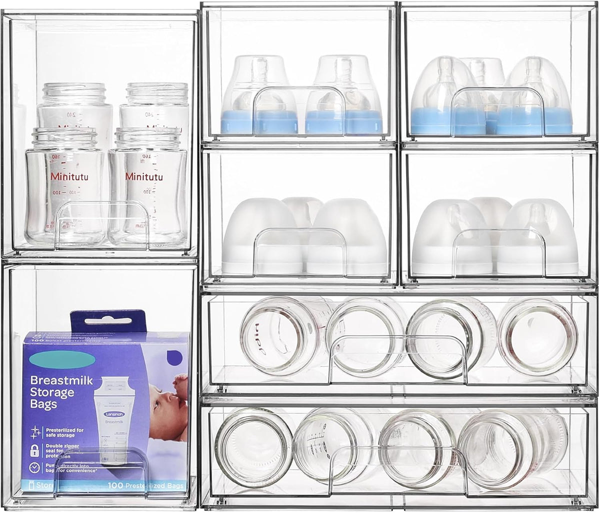 Clear Stackable Storage Drawers Set of 5, Plastic Organizer Bins