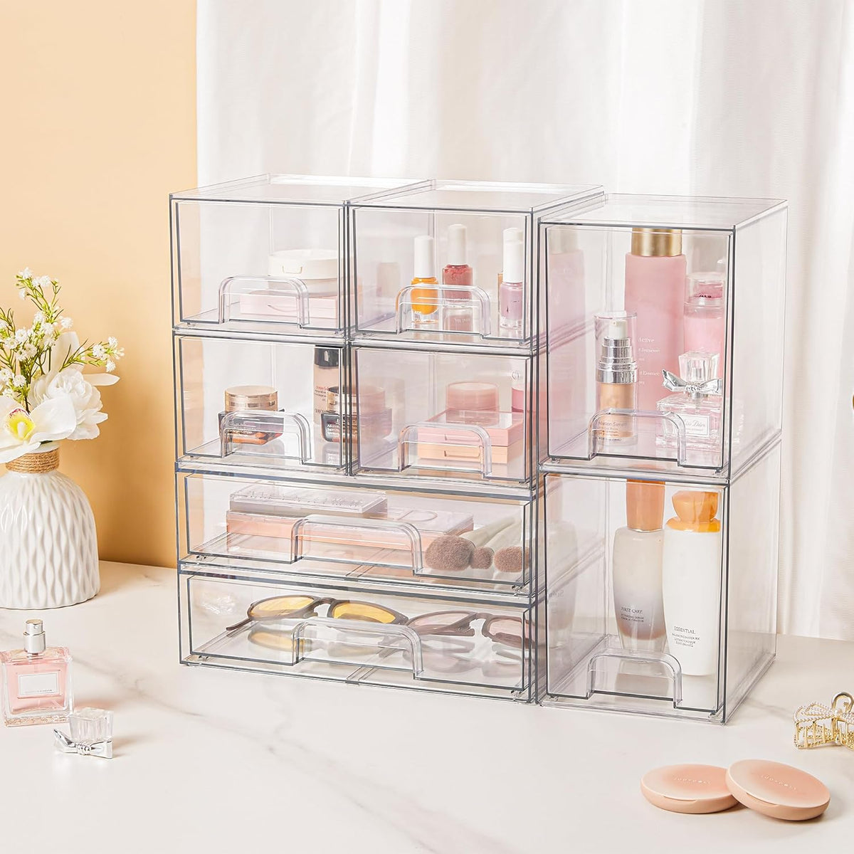 Clear Stackable Storage Drawers Set of 5, Plastic Organizer Bins