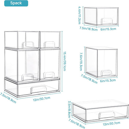 Clear Stackable Storage Drawers Set of 5, Plastic Organizer Bins