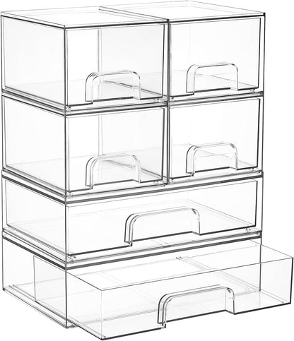 Clear Stackable Storage Drawers Set of 5, Plastic Organizer Bins