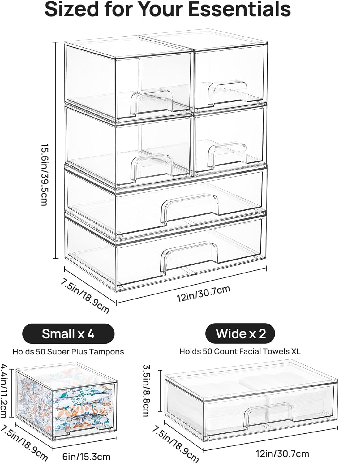 Clear Stackable Storage Drawers Set of 5, Plastic Organizer Bins