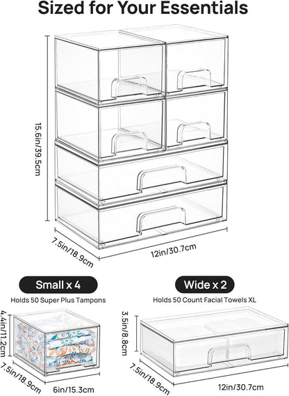 Clear Stackable Storage Drawers Set of 5, Plastic Organizer Bins
