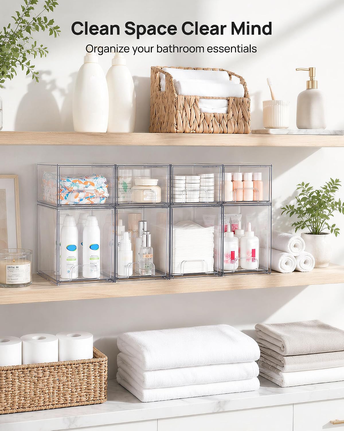 Clear Stackable Storage Drawers Set of 5, Plastic Organizer Bins