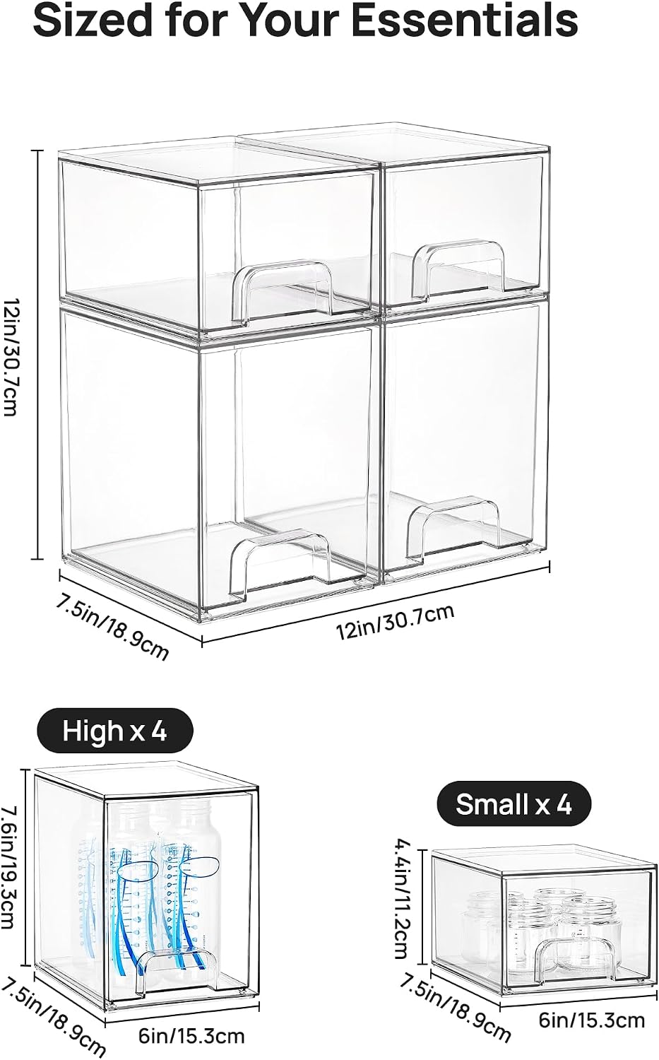 Clear Stackable Storage Drawers Set of 5, Plastic Organizer Bins