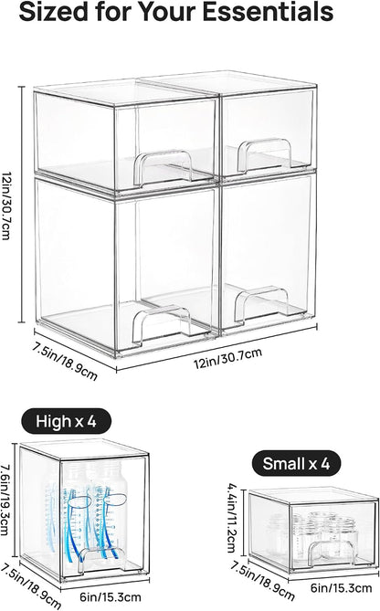Clear Stackable Storage Drawers Set of 5, Plastic Organizer Bins
