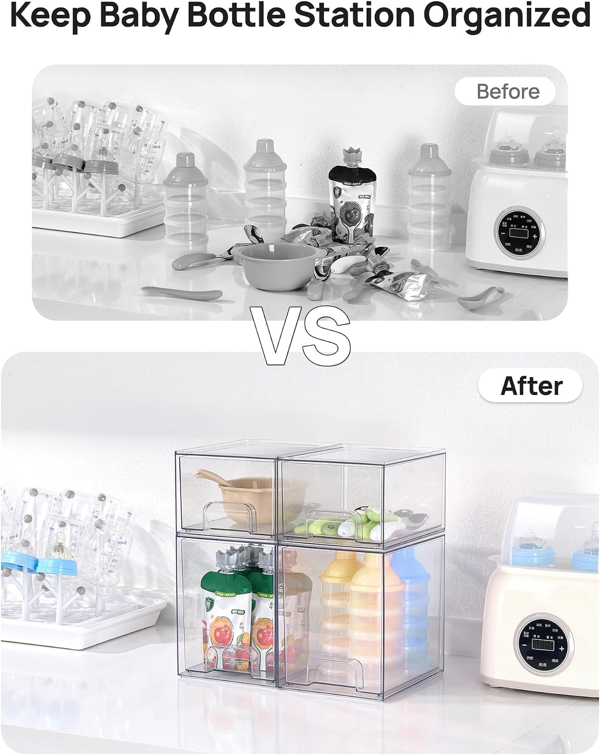 Clear Stackable Storage Drawers Set of 5, Plastic Organizer Bins