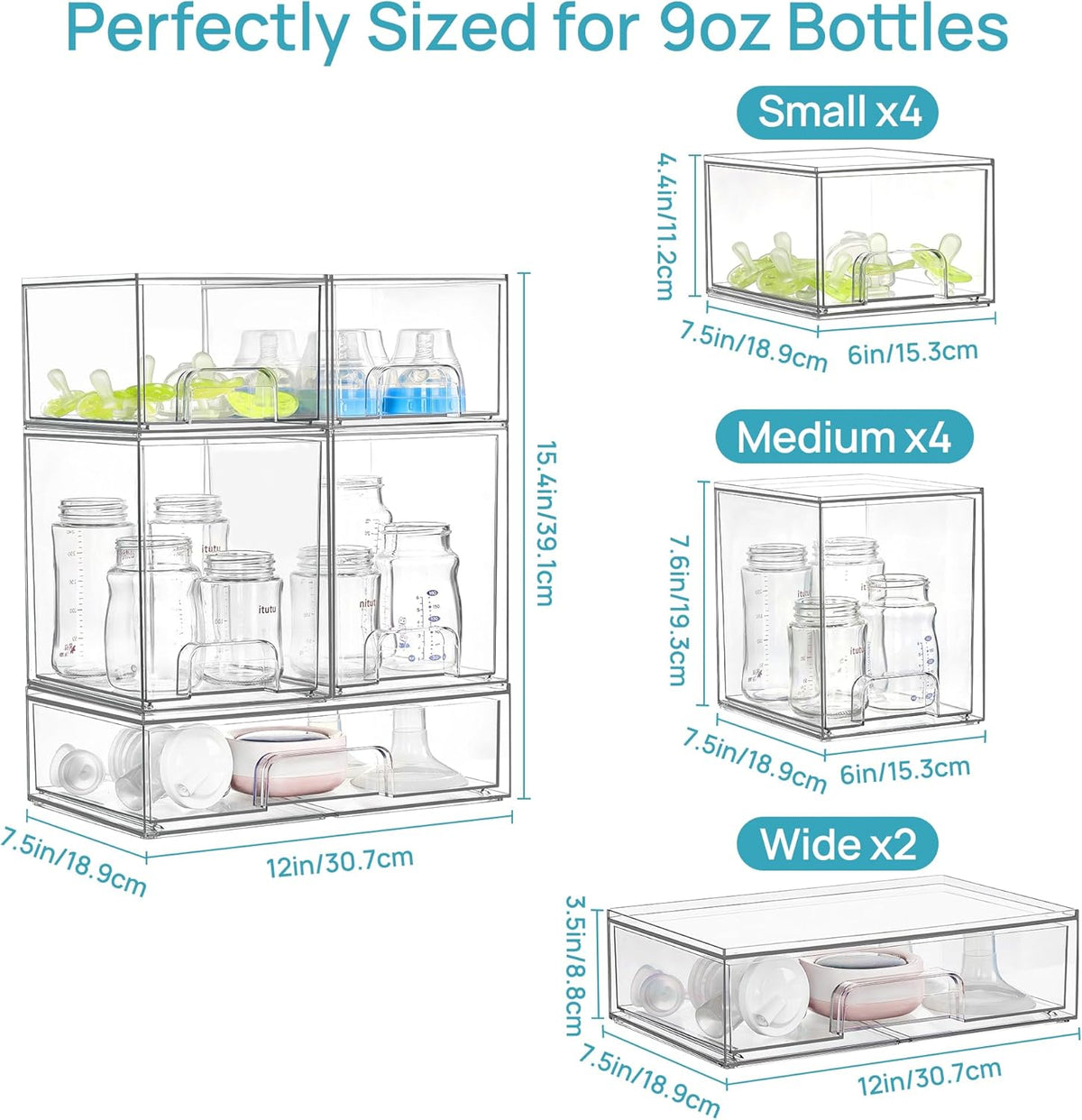 Clear Stackable Storage Drawers Set of 5, Plastic Organizer Bins