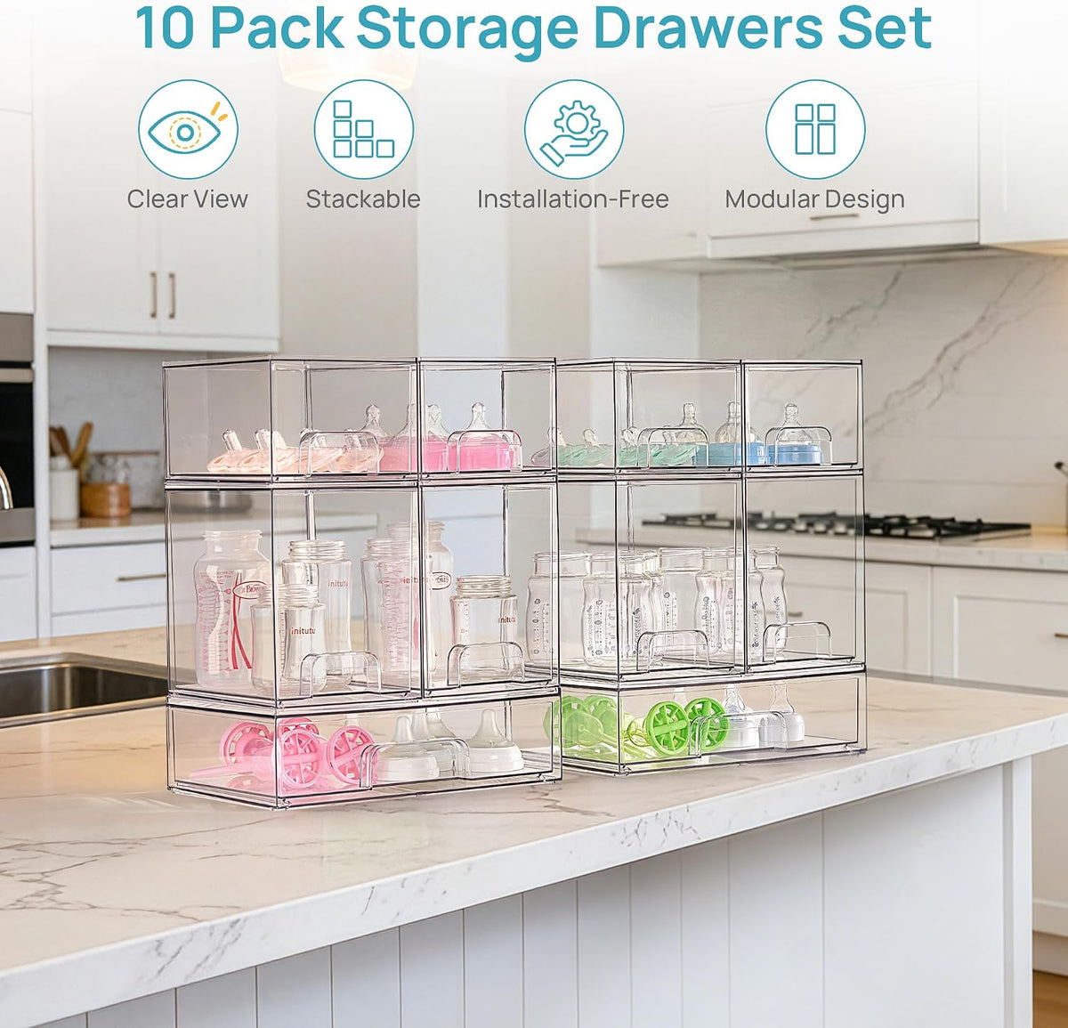 Clear Stackable Storage Drawers Set of 5, Plastic Organizer Bins