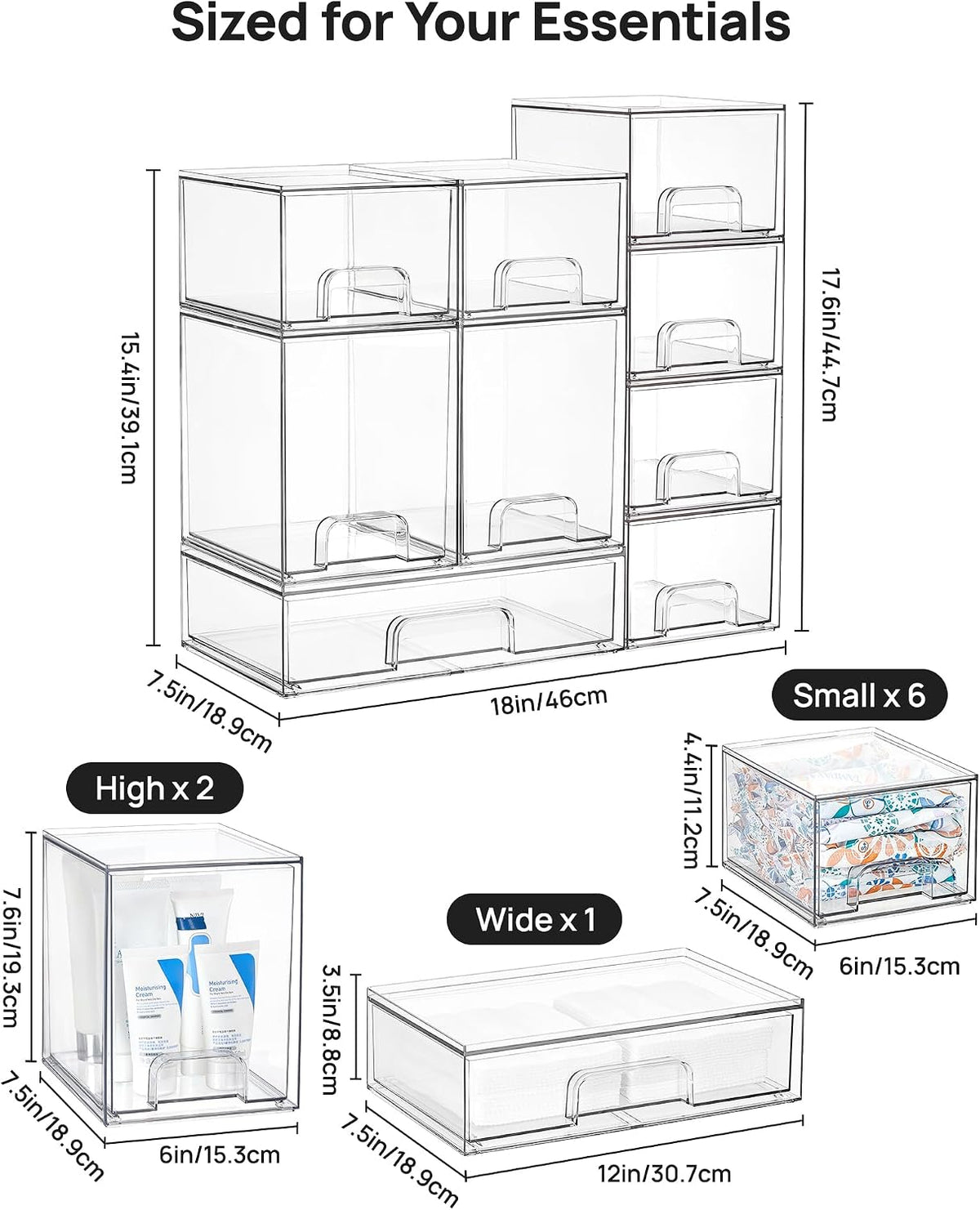 Clear Stackable Storage Drawers Set of 5, Plastic Organizer Bins