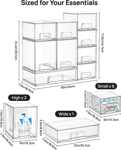 Clear Stackable Storage Drawers Set of 5, Plastic Organizer Bins