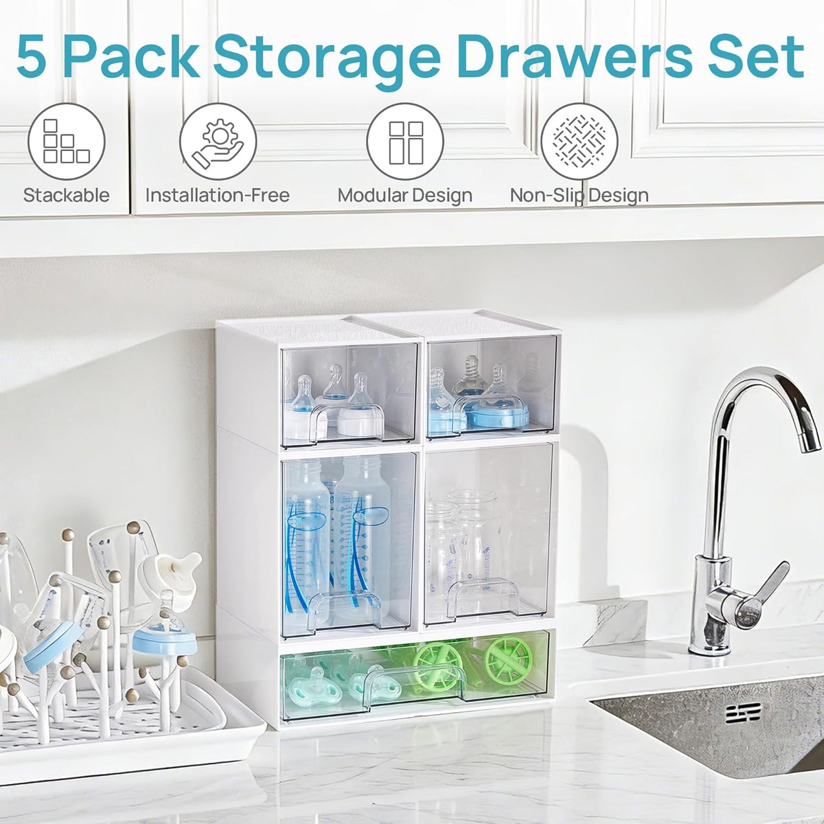 Clear Stackable Storage Drawers Set of 5, Plastic Organizer Bins