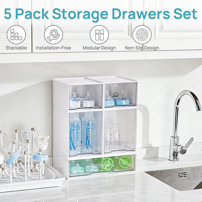 Clear Stackable Storage Drawers Set of 5, Plastic Organizer Bins