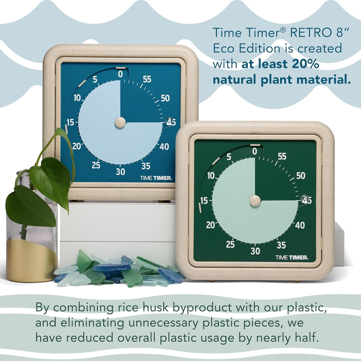 ® Retro 8 inch Eco Edition Visual Timer - 60 Minute Desk Countdown Clock Made with at Least 20% Natural Plant Material- Blue Water