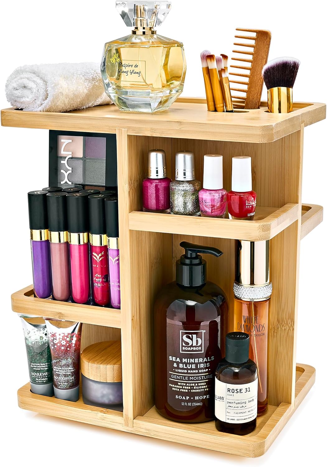 Bamboo Makeup Organizer, Rotating Cosmetic Storage for Vanity (Tan)