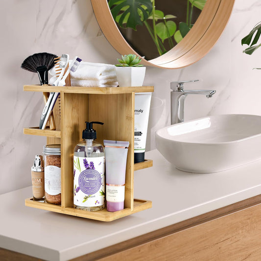 Bamboo Makeup Organizer, Rotating Cosmetic Storage for Vanity (Tan)