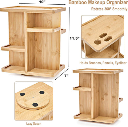 Bamboo Makeup Organizer, Rotating Cosmetic Storage for Vanity (Tan)