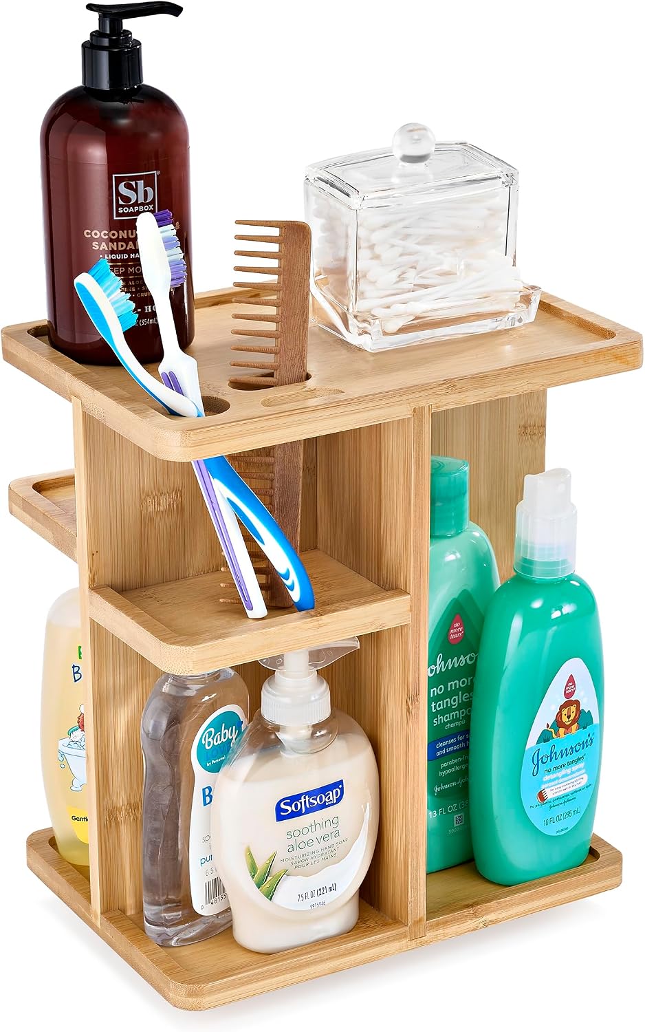 Bamboo Makeup Organizer, Rotating Cosmetic Storage for Vanity (Tan)