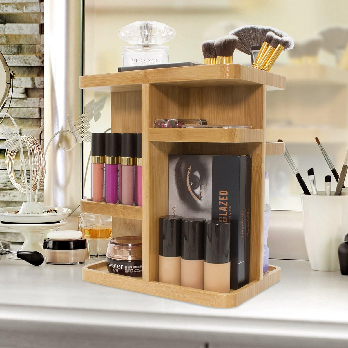 Bamboo Makeup Organizer, Rotating Cosmetic Storage for Vanity (Tan)