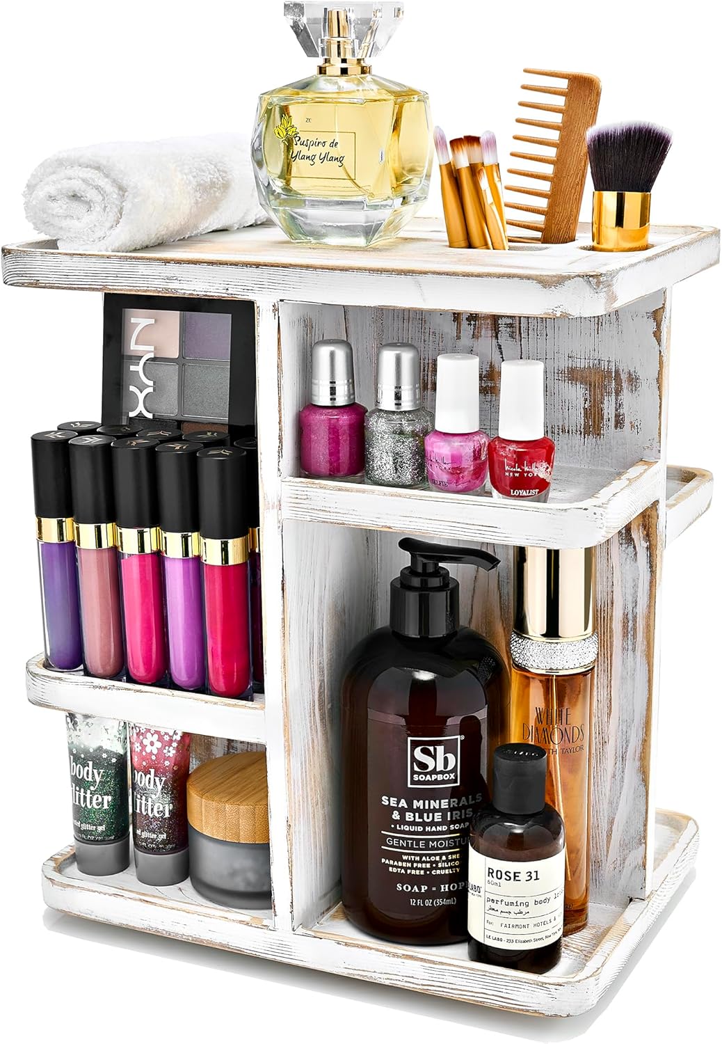 Bamboo Makeup Organizer, Rotating Cosmetic Storage for Vanity (Tan)