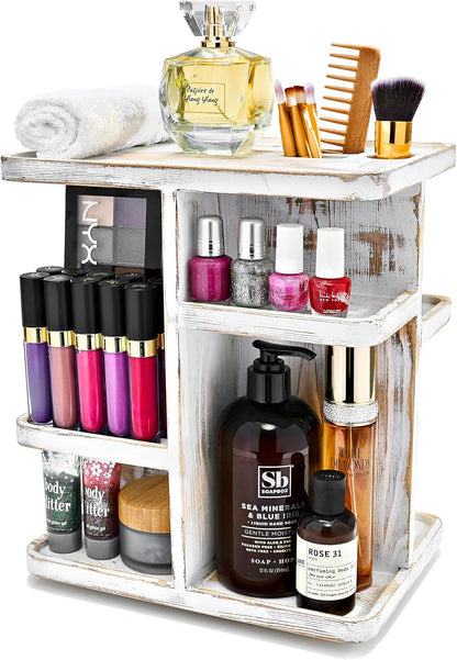 Bamboo Makeup Organizer, Rotating Cosmetic Storage for Vanity (Tan)