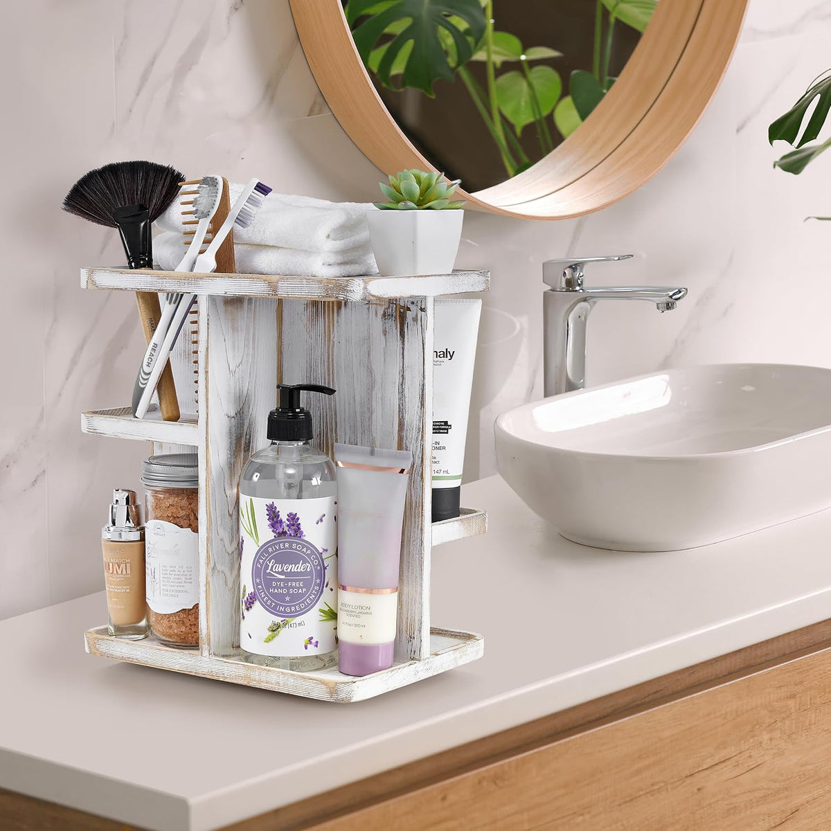 Bamboo Makeup Organizer, Rotating Cosmetic Storage for Vanity (Tan)