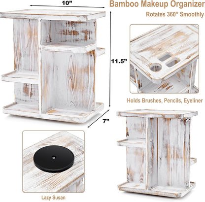 Bamboo Makeup Organizer, Rotating Cosmetic Storage for Vanity (Tan)