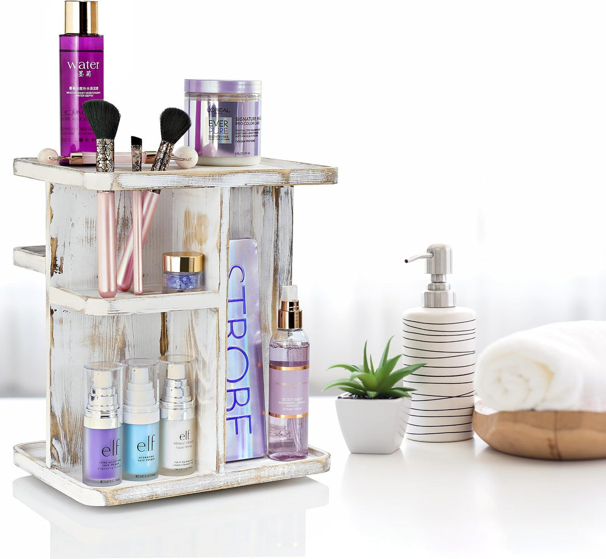 Bamboo Makeup Organizer, Rotating Cosmetic Storage for Vanity (Tan)
