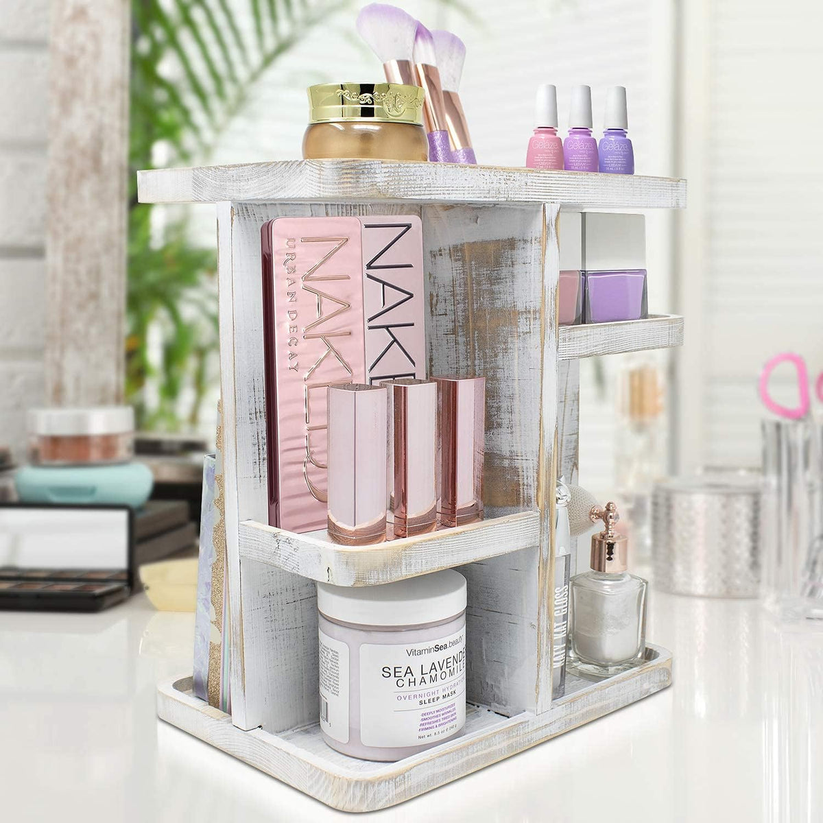 Bamboo Makeup Organizer, Rotating Cosmetic Storage for Vanity (Tan)