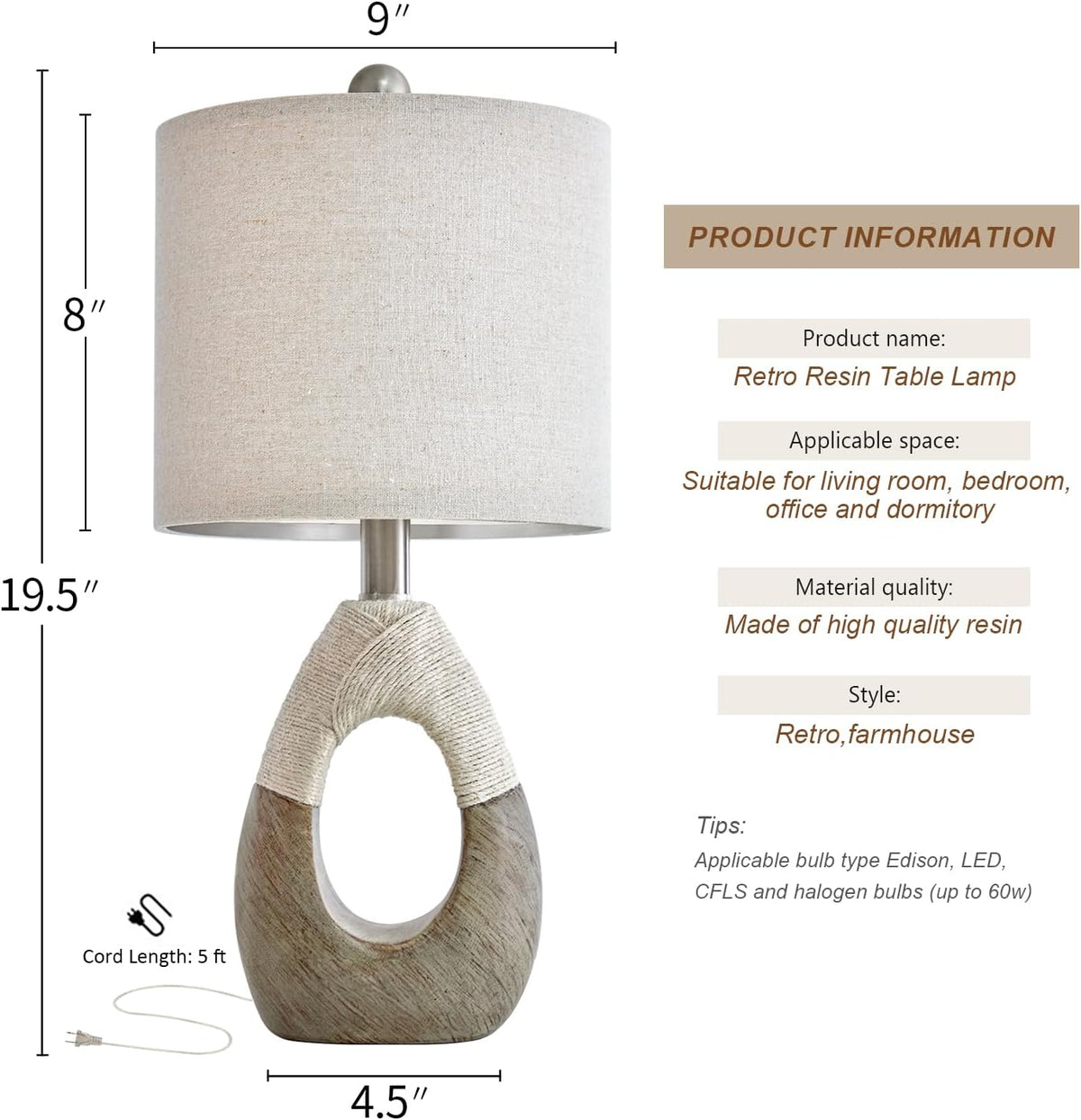 19'' Small Boho Table Lamps for Bedroom Set of 2 for Bedside