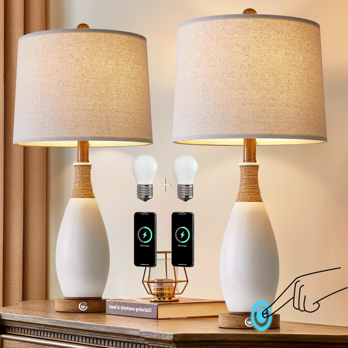 19'' Small Boho Table Lamps for Bedroom Set of 2 for Bedside