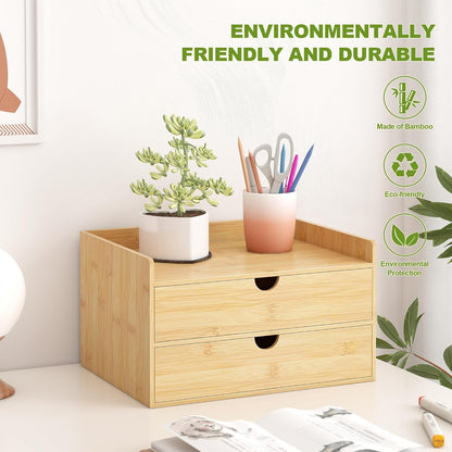 Bamboo Desk Drawer Organizer, Large Desktop Organizer with Drawers Tabletop Storage Organization Box for Office Home Toiletries Supplies Vanity, No Assembly Required (2 Drawer with Shelf)