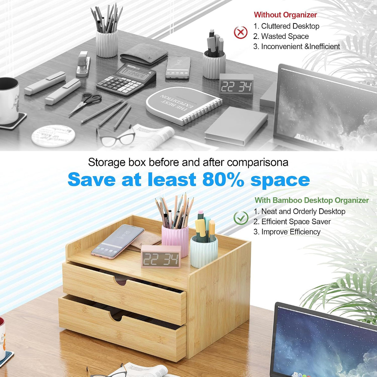 Bamboo Desk Drawer Organizer, Large Desktop Organizer with Drawers Tabletop Storage Organization Box for Office Home Toiletries Supplies Vanity, No Assembly Required (2 Drawer with Shelf)