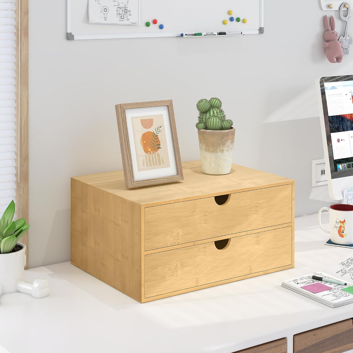 Bamboo Desk Drawer Organizer, Large Desktop Organizer with Drawers Tabletop Storage Organization Box for Office Home Toiletries Supplies Vanity, No Assembly Required (2 Drawer with Shelf)