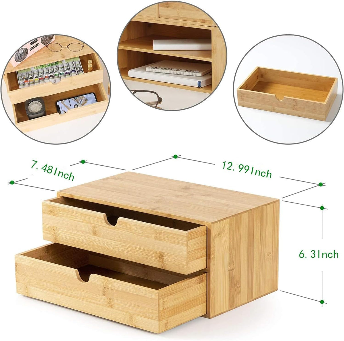 Bamboo Desk Drawer Organizer, Large Desktop Organizer with Drawers Tabletop Storage Organization Box for Office Home Toiletries Supplies Vanity, No Assembly Required (2 Drawer with Shelf)