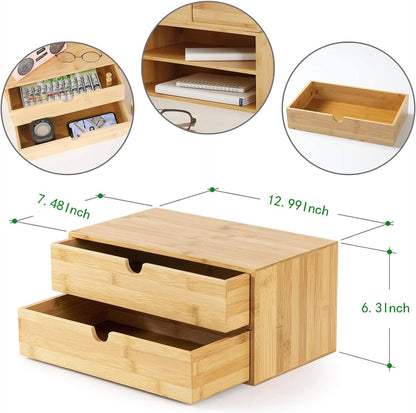 Bamboo Desk Drawer Organizer, Large Desktop Organizer with Drawers Tabletop Storage Organization Box for Office Home Toiletries Supplies Vanity, No Assembly Required (2 Drawer with Shelf)